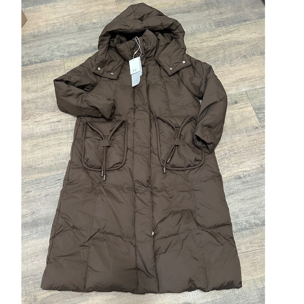 Long Puffer Duck Down Coat Hooded Full Zip Cocoa Brown Loose Fit Large